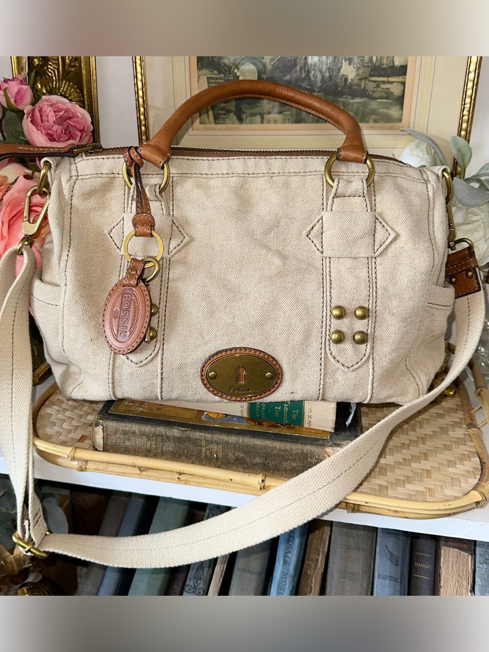 Fossil Maddox satchel handbag in beige canvas with tan leather handles, Key Fob